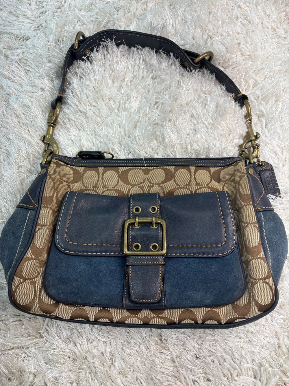 Coach Tan Signature Canvas Shoulder Bag with Navy Leather Trim